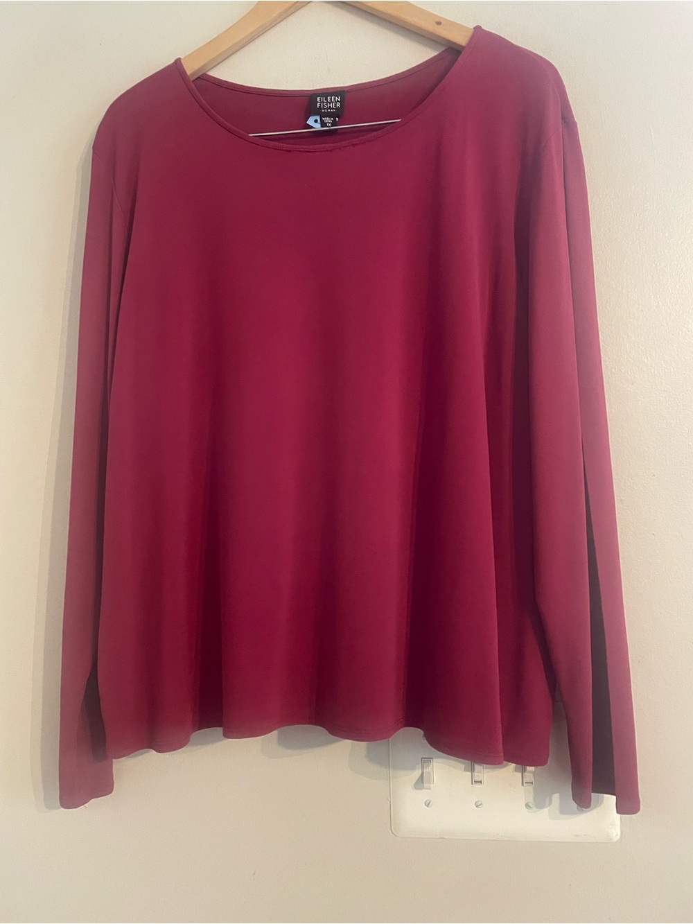 Eileen Fisher Red 100% Silk Long Sleeve Top Classic Crew Blouse Sz 1X